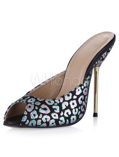 女性のためのかなりのピープトウ合成材料スティレットヒールミュールシューズ