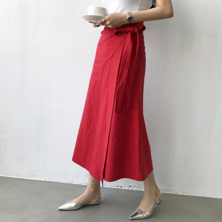3201.ロング丈 カジュアルなラップスカート（レッド）2019 春夏 sale 無地 シンプル 普段使い お出かけ