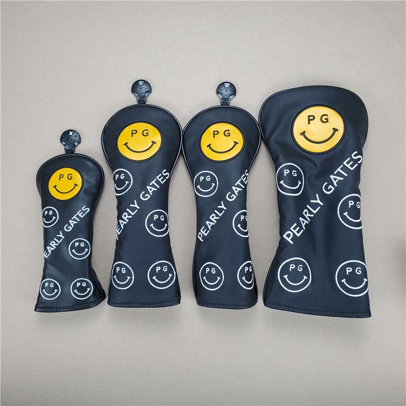 即納 ゴルフ ヘッドカバー ウッドカバー ドライバー ユーティリティ スマイル 4点セット ブラック オシャレ PU革 防水仕様 保護 傷防止