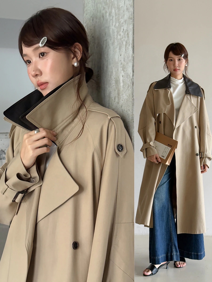 【コペンハーゲンの秋 取り外し可能な皮革カラー】トレンチコート レトロ ミディアム丈 トレンチコート レディース 新作 アウター