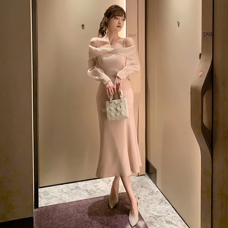 【Fellow 20％割】秋 キャミワンピース 一字ショルダー マーメイド パーティードレス 着痩せ 大人 お呼ばれ 同窓会 披露宴 卒業式 結婚式 ウェディング 二次会 成人式30%までに制限