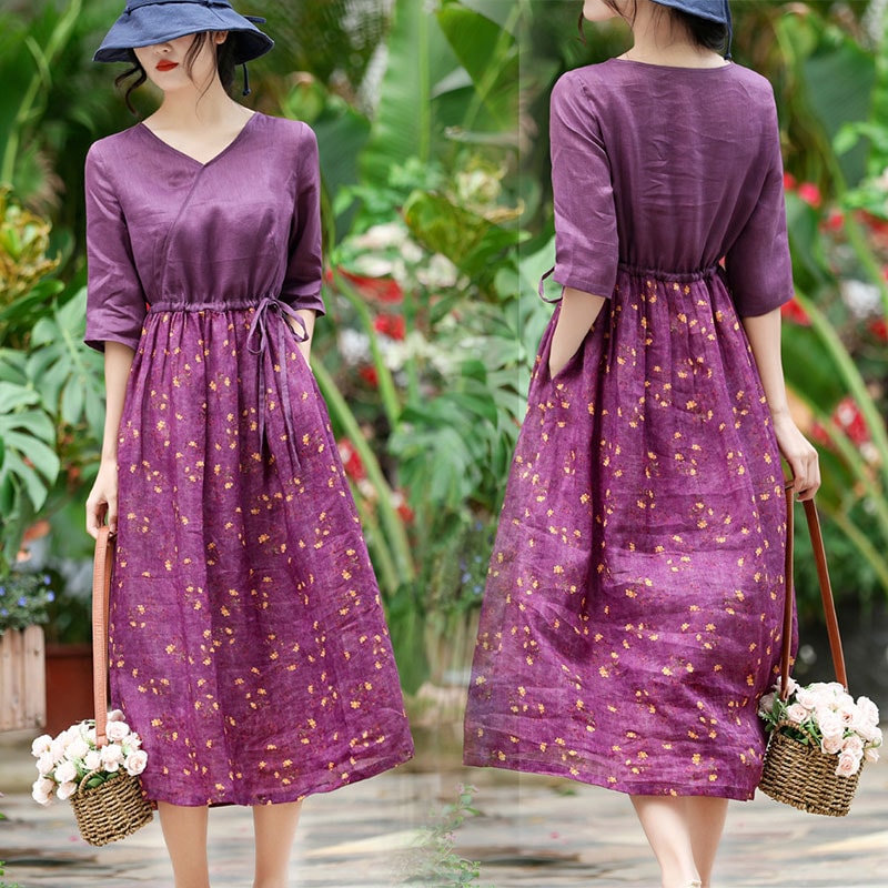 パープル　ワンピース　薄手　花柄　綿麻　レディース 体型カバー着痩せ　母の日 プレゼント 新作　お洒落 キレイめ 　夏用　涼しい20代30代40代