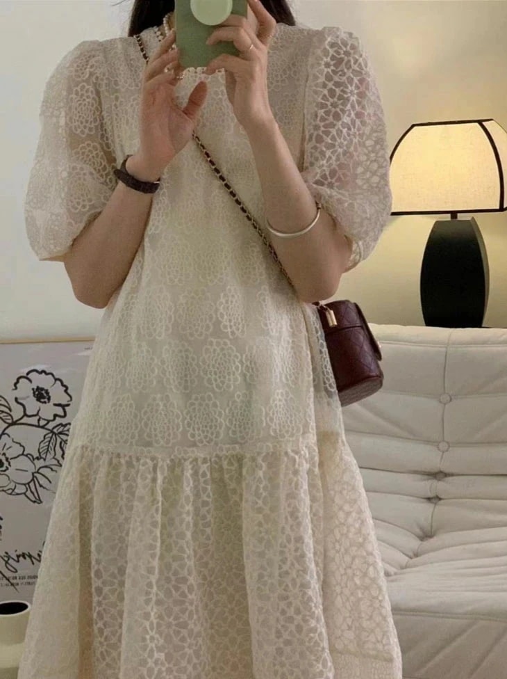 利用で40%OFF かぎ針編み ワンピース レディース 春 夏 ロングワンピース パフスリーブ きれいめ 韓国 レース レースワンピース 上品 清楚 ドレスワンピース ミドル丈 シフォン 韓国ファッ