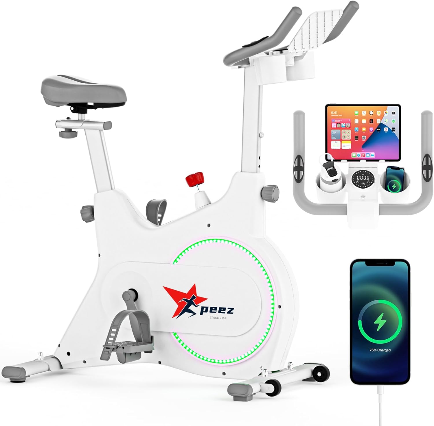 【自発電機能付き 充電可能】PEEZ エアロバイク 家庭用 静音 フィットネスバイク スピンバイク 心拍数計測付き 電子制御マグネット式 32段階負荷調節 3色に光るホイールライト 組み立て簡単