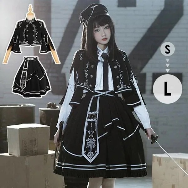即納 ミニロリ 軍服ロリータ ゴスロリ フルセット ゴシック ブラウス スカート 上下フルセット ミリタリーロリィタ ブラック 黒 膝丈 レディース