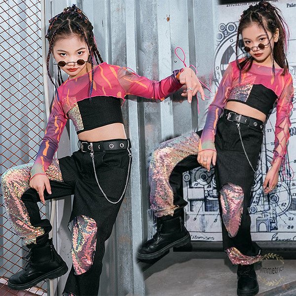 タンクトップ 長袖Tシャツ 3点セット キッズ ダンス 衣装 ヒップホップ ヘソ出し 女の子 スパン