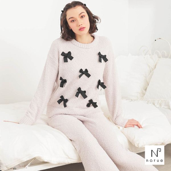 ナルエー パジャマ モールニットリボンセットアップ ルームウェア ロングパンツ 長袖 上下セット N