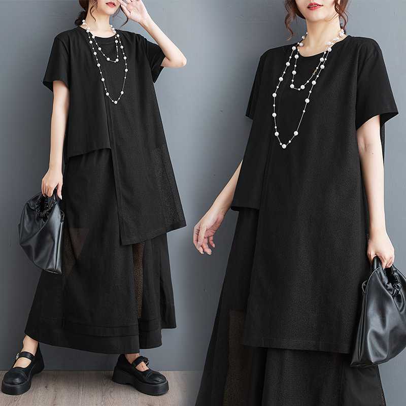 Hot!!!「ファットガール」 2024夏新品 上下セット ロンT+キュロットスカート ワイドパンツ 大きいサイズ 体型カバー レディース セットアップ メガ割