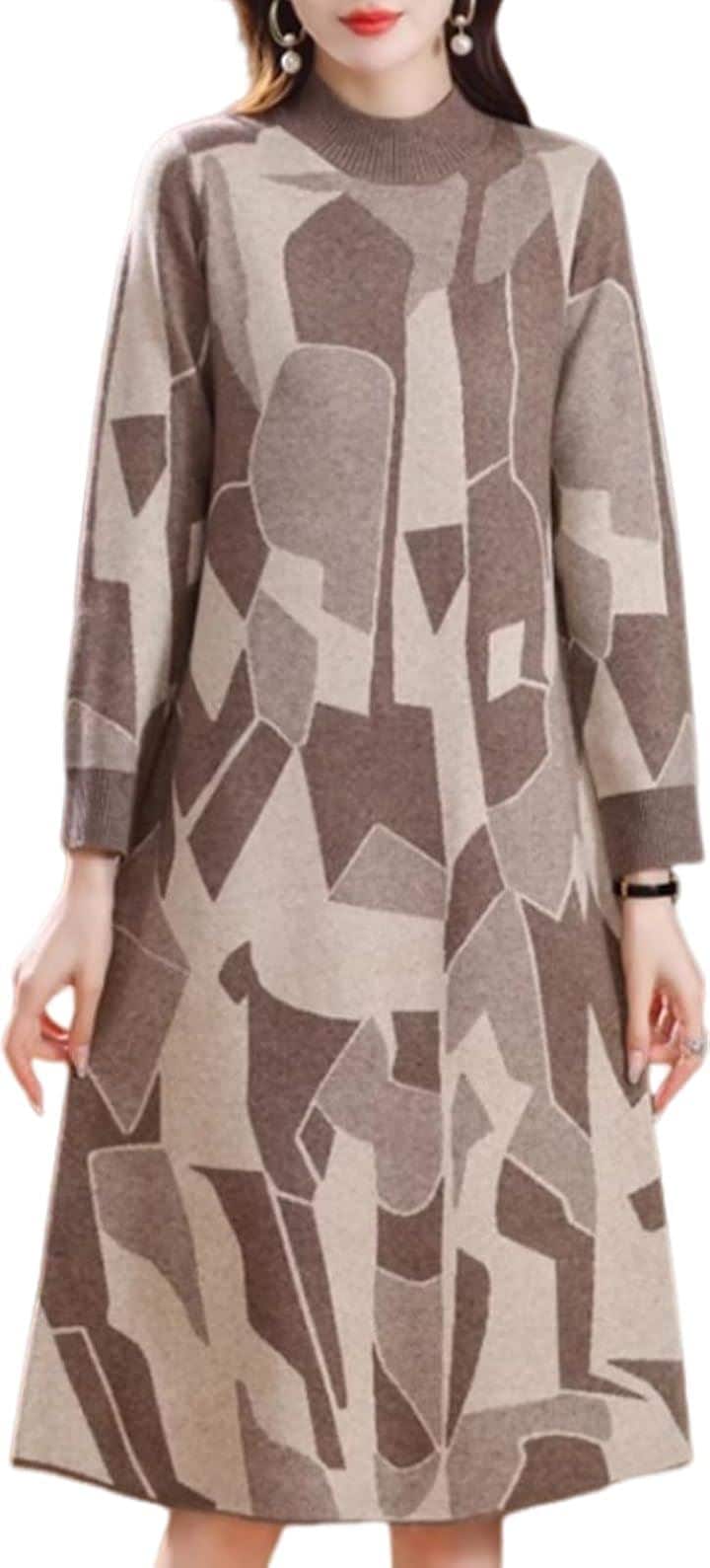 幾何学柄 ワンピース レディース 長袖 ニット ジオメトリー 総柄 膝丈 秋 冬 パターン style セミフォーマル シンプルニット リブニット お宮 参り(ベージュ, XL)