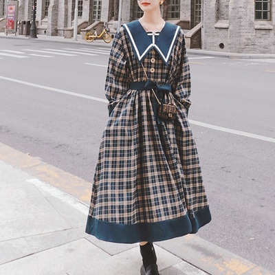 【送料無料】レディース セーラーワンピース チェック柄 ロングワンピース セーラーカラー