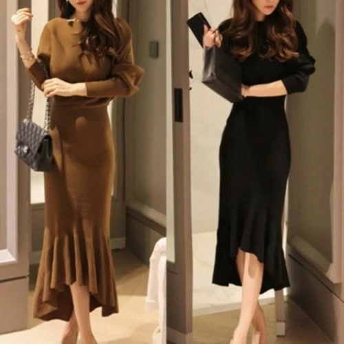 2019年秋　冬　2color マーメイドライン フィッシュテール ニットワンピース ロング丈　フィッシュテールが上品なニットワンピース　女性らしいラインが人気の一着