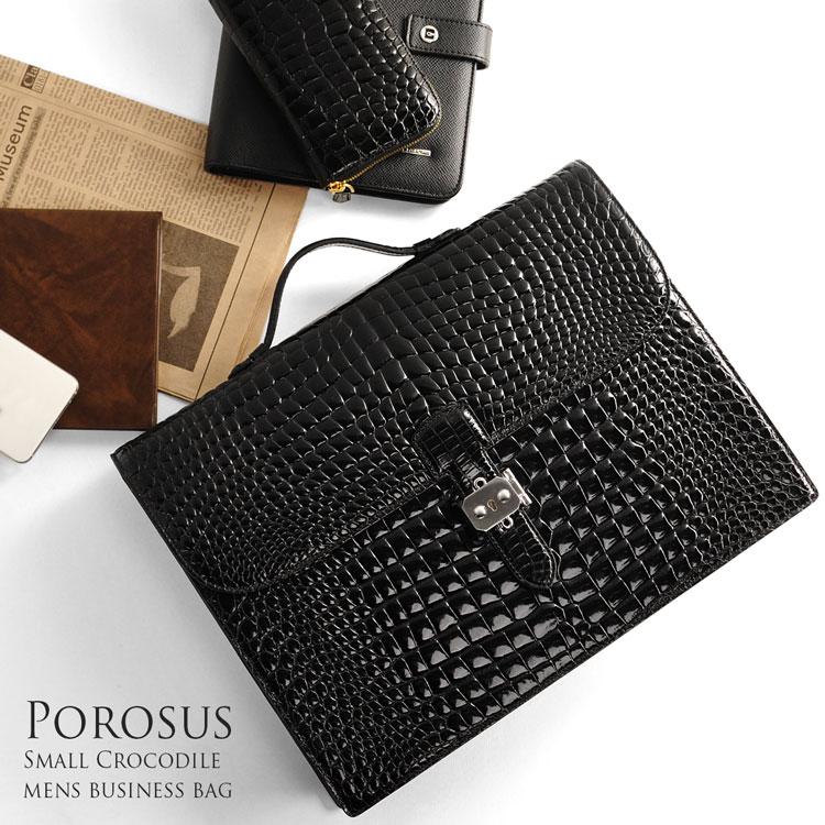 スモールクロコダイルビジネスバッグA4対応H.C.Pポロサスメンズブラック安心保証
