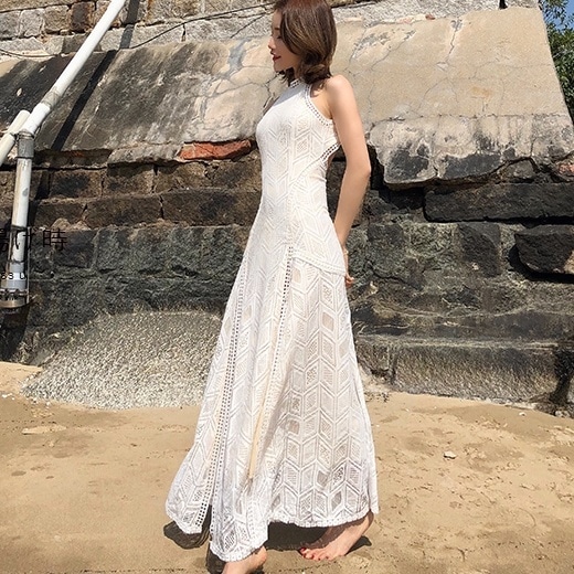 ワンピース ロングワンピース 袖なし ホルダーネック 背中開き バックシャン スリット ロング丈 刺繡 透け感 かわいい 大人可愛い きれいめ シンプル カジュアル 上品 おしゃれ かっこいい