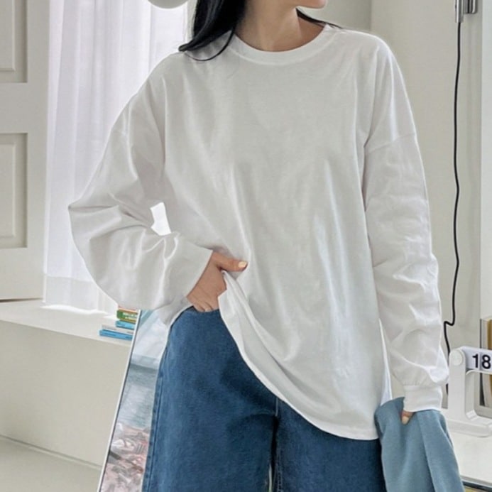 トップス ロングTシャツ オーバーサイズ デート Tシャツ カットソー プルオーバー 袖あり 長袖 ドロップショルダー Uネック ラウンドネック クルーネック 襟なし 綿 コットン かわいい