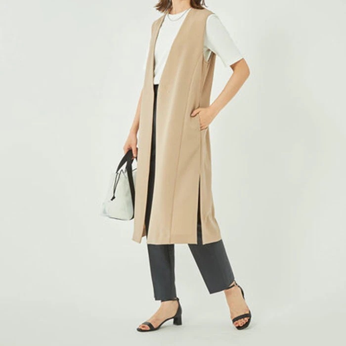 【急速出荷!】夏 涼しい ジレ ベスト 薄手 裏地なし ロングジレ ロングベスト レディース ベージュ ロング丈 ノーカラー アウター オーバーサイズ 大きいサイズ ブラック 春 夏