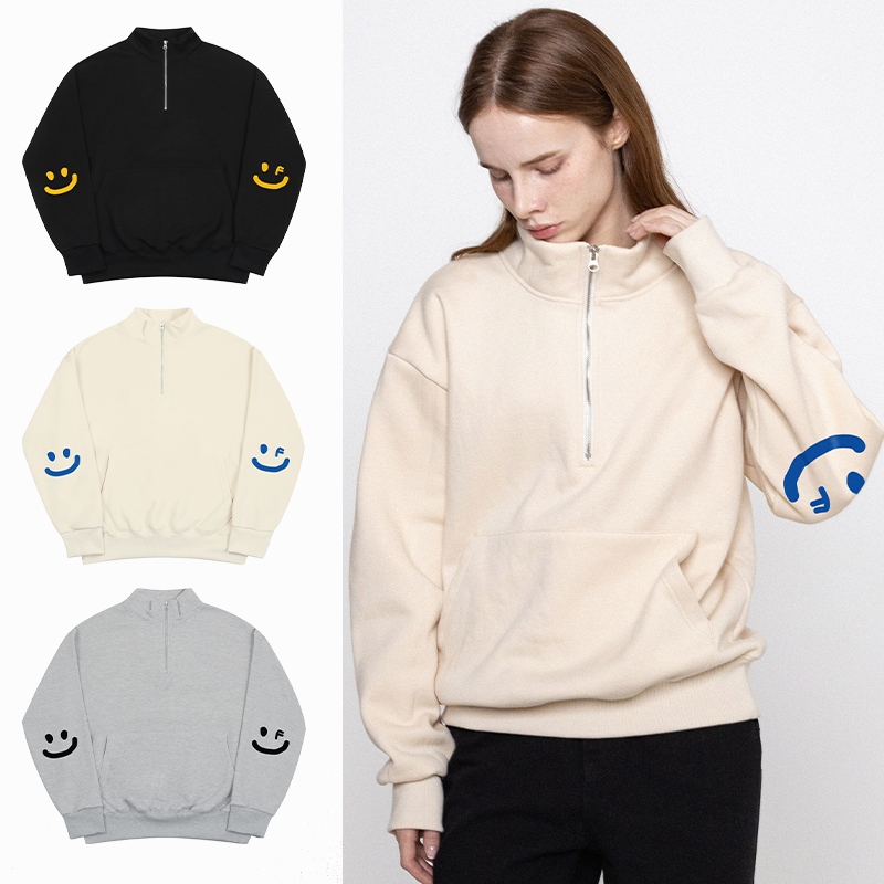 [UNISEX-P]Elbow Smile Drawing Half Zip-Up Sweatshirt_3color