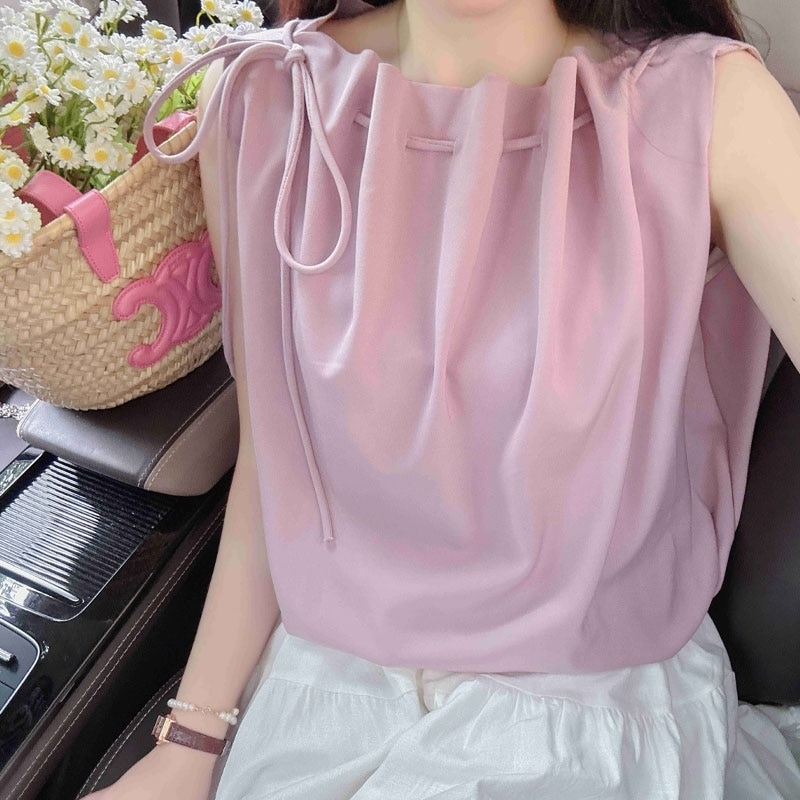 トップス シャツ ノースリーブ ハーフネック シャーリングリボン ドレープノースリーブトップス きれいめ 大人 上品 おしゃれ セクシー エレガント 春 夏 レディース デート お出かけ 休日 旅行