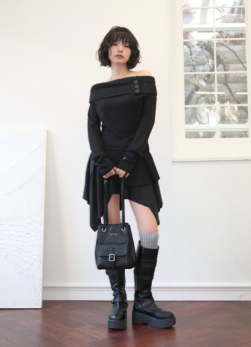 【AS"ON】 FAYE OFF-SHOULDER DRESS / BLACK ショルダーバッグ 正規品