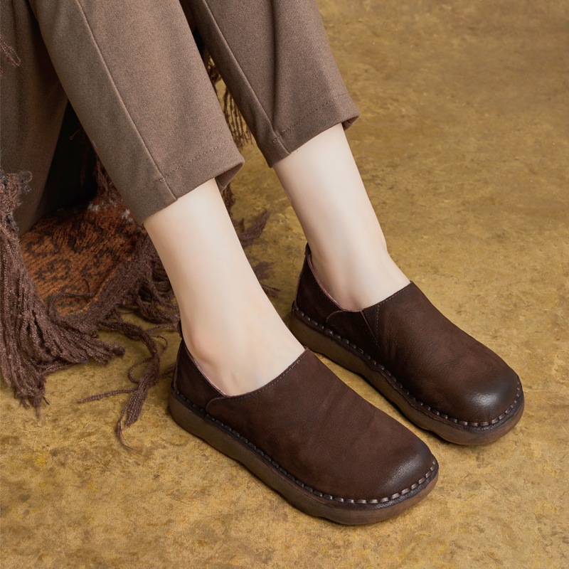 秋新作 民族風レトロ本革手作り柔らかいソール軟質フラットスリッポン レディースローファー