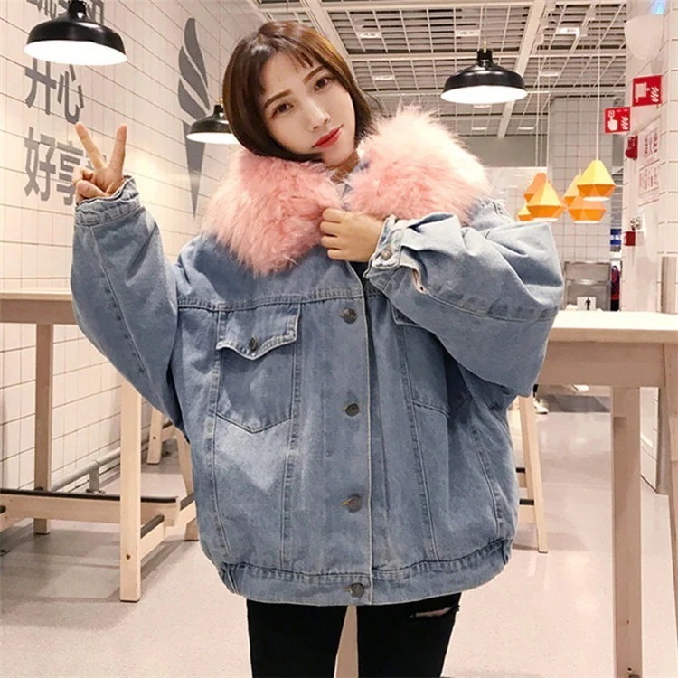 【送料無料】スタイル 韓国版 ゆったりする 裏起毛 毛皮の襟 デニム ジャケット 暖かい 綿の服 学生 4,788円