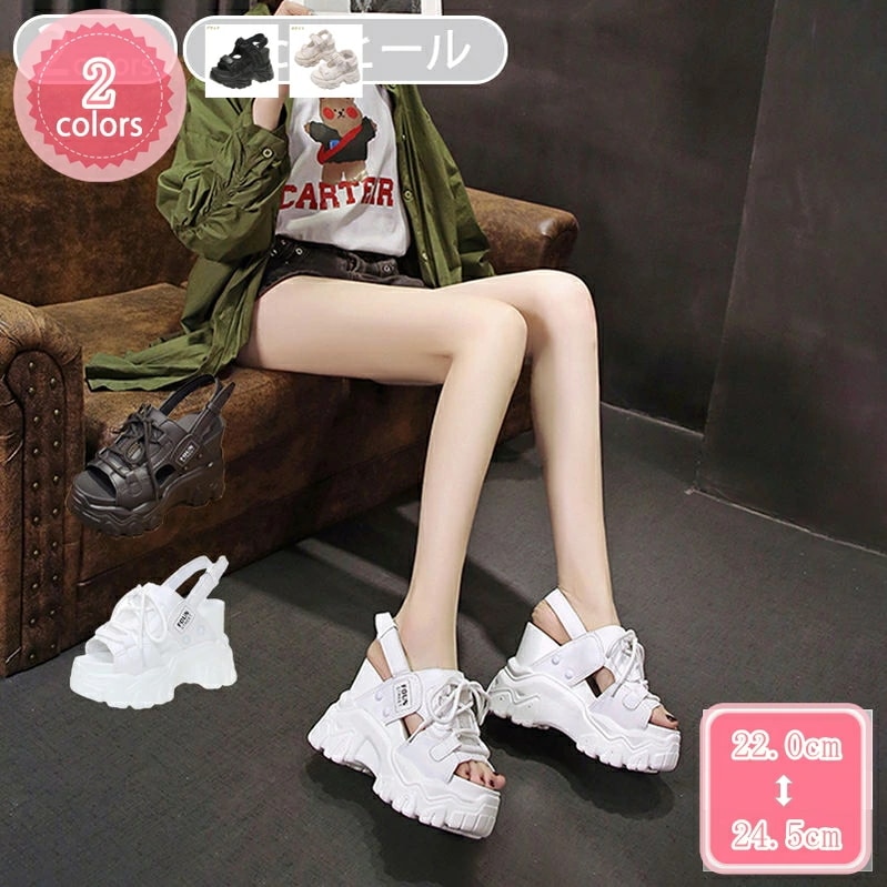 1000円OFFクーポン スポーツサンダル 11センチヒール 春夏 ベルクロ ブラック ホワイト 厚底 サンダル マジックテープ 美脚 歩きやすい 履きやすい ウェっじサンダル アンクルストラップ 快