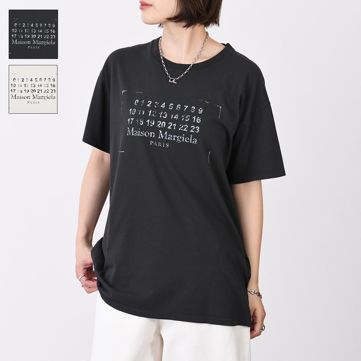 MAISON MARGIELA メゾンマルジェラ トップス スタンプロゴ Tシャツ S51GC0534S2 S24575 レディース ユニセックス ベージュ ブラック コットン クルーネック ロゴ
