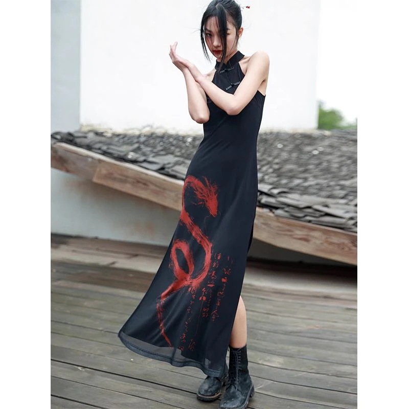 スカートロングスカート新しい中国の首のドレスの女性の夏の新しい暗いウエストスリット変更チョンサムドレスをぶら下げ