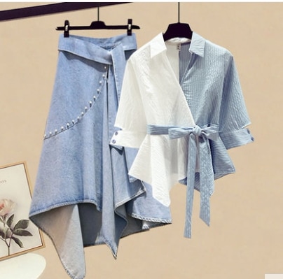 デザインブラウス＆スカートセットアップ トップス スカート ロング丈 袖あり 綿 光沢 爽やか 大人スタイル 大人可愛い きれいめ シンプル カジュアル 大人 上品 おしゃれ かっこいい レトロ 7,889円