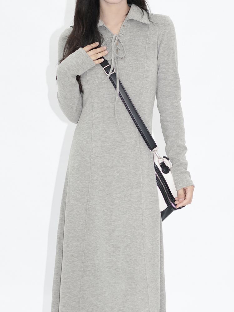 長袖ポロカラーワンピースサブロングワンピース初秋2023年新作女性初秋シニア感覚小さな人を着る