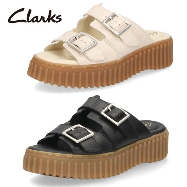 クラークス レディース サンダル 厚底 スライドサンダル 本革 ブラック ホワイト レザーサンダル Clarks Torhill Slide トーヒルスライド 26176430 2617