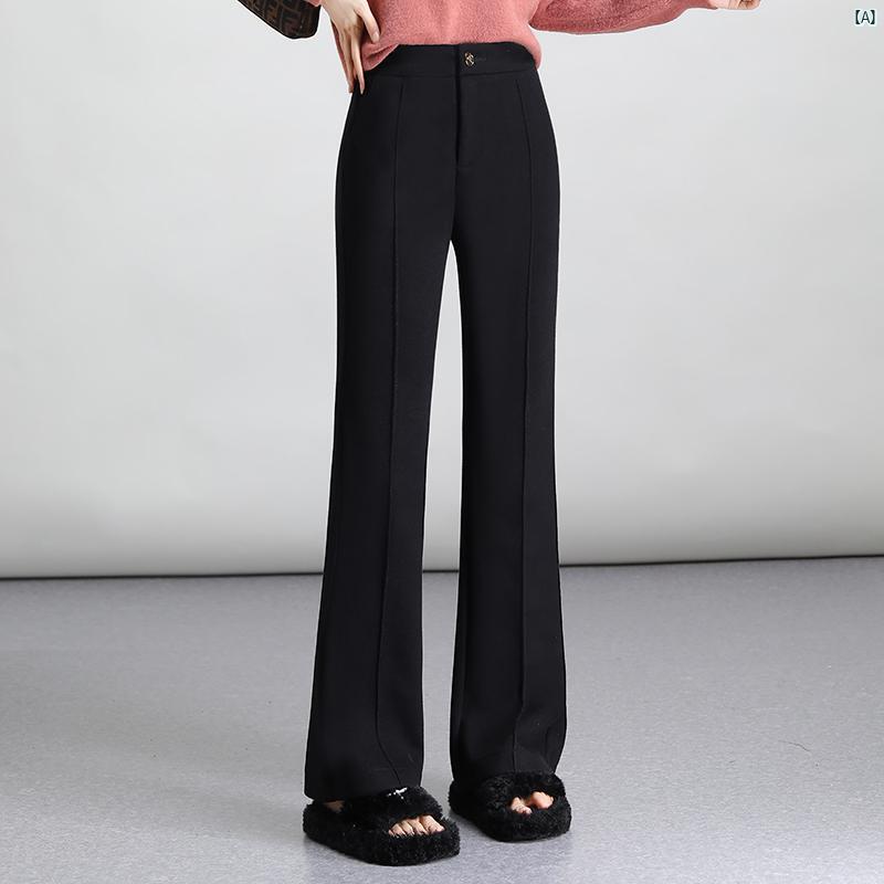 秋 レディース ブラック ブーツ カット パンツ ハイウエスト スリム フィット スーツ ドレープ フレア