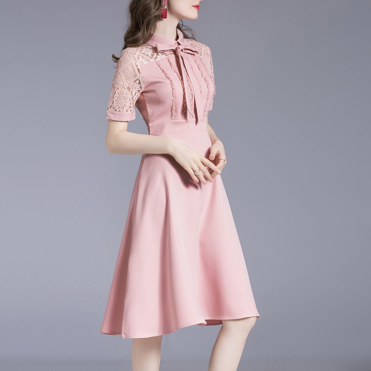 ワンピース 上着 人気 おすすめ おしゃれ お洒落 激安 安い プチプラ 半袖 ハイネック Aライン 膝丈 ミニスカート リボン レース ポリエステル 可愛い かわいい 韓国 きれいめ lo