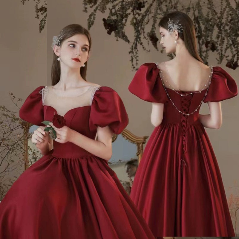 韓国ファッション フレンチサテン半袖カラードレス 結婚式 花嫁 ウェディングドレス 二次会 パーティードレス パーティードレス ステージ 発表会 大きいサイズ披露宴コンサート