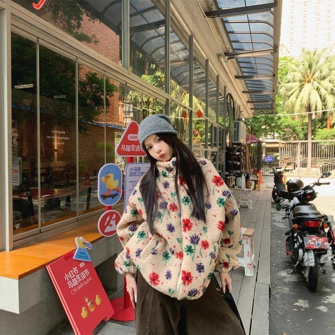 レディーススタンドカラー花柄加厚 カジュアルゆる冬 ボアアウター フェイクファー