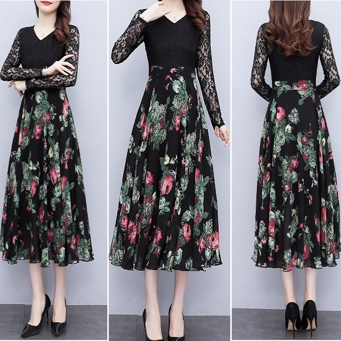 ワンピース Aラインワンピース ミモレ丈 長袖 柄 花柄 秋 セミフレア Aライン 切り替えデザイン
