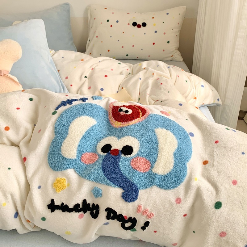 タオル刺繍ミルクウール34枚セット秋冬厚手の布団カバーシーツ学生寮ベッドで家庭用