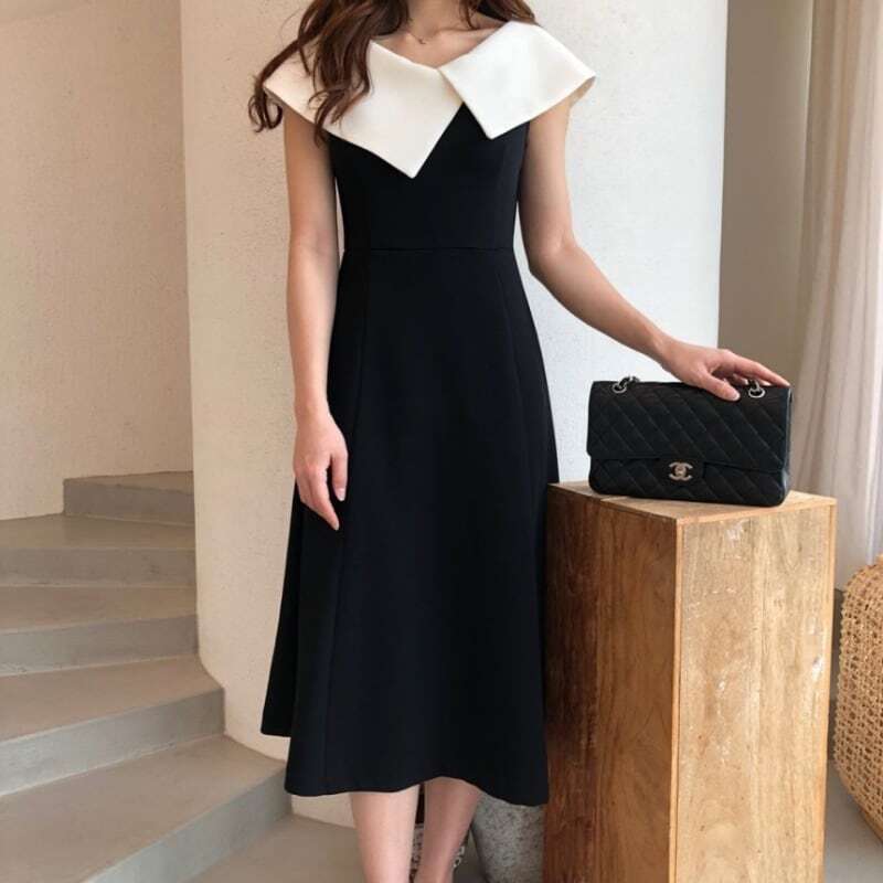 レディース ステートメントカラー フレア ワンピース バイカラー ノースリーブ 大人可愛い ママコーデ ママファッション 韓国 オルチャンファッション 人気 トレンド 新作 20代 30代 40代 き