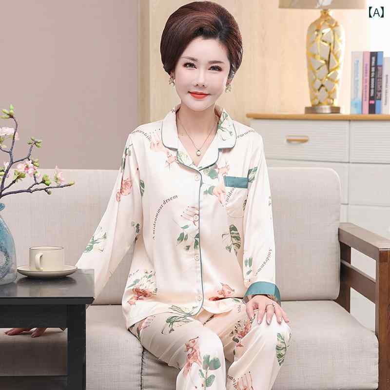 ママ　パジャマ　レディース 母の パジャマ シルク 長袖 春秋 スタイル 中年 レディース 冷感 ホーム 服 薄手 大きいサイズ 夏の スーツ