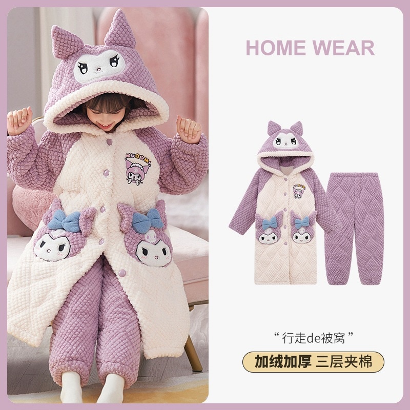 クロミ女の子用ナイトガウンと子供用パジャマ三層キルト秋冬厚みのあるコーラルベルベット児童ホームセット