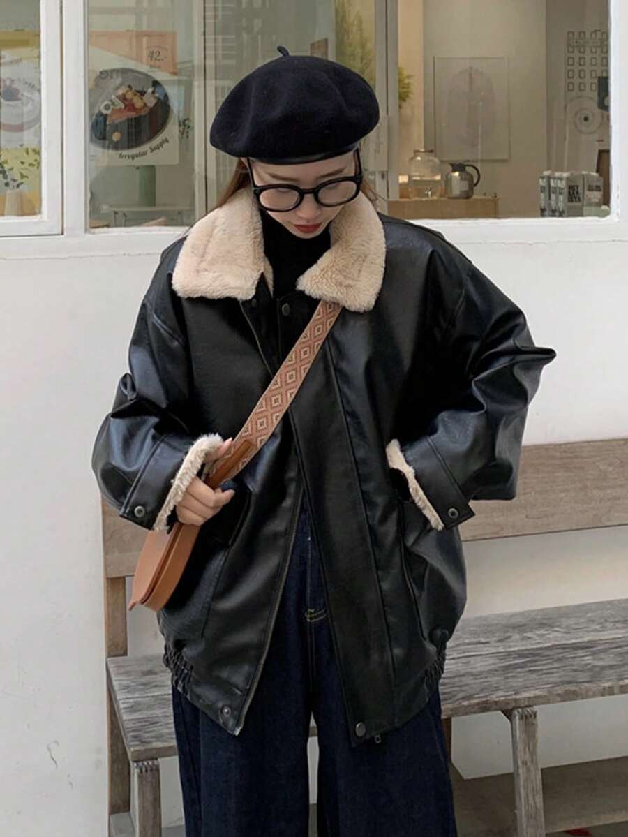 ヴィンテージフェイクファージャケットウォームアウターウェア ブラック
