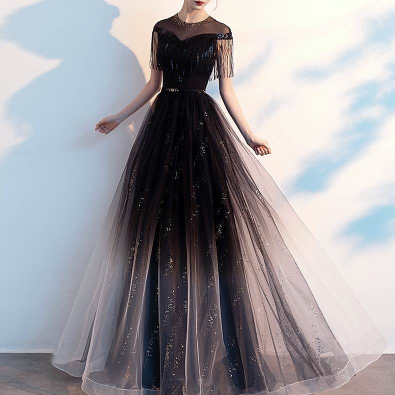 ドレス レディース パーティードレス フォーマルドレス イブニングドレス Aライン ロング スパンコール キラキラ シフォン 透け感 シースルー エアリー フリンジ ラウンドネック 丸首 フレンチスリ