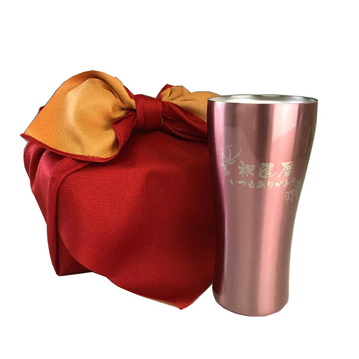 還暦祝い 桐箱入 真空断熱 ステンレスタンブラー 420ml （祝還暦鶴亀柄）ピンクタンブラー 赤い風呂敷仕様
