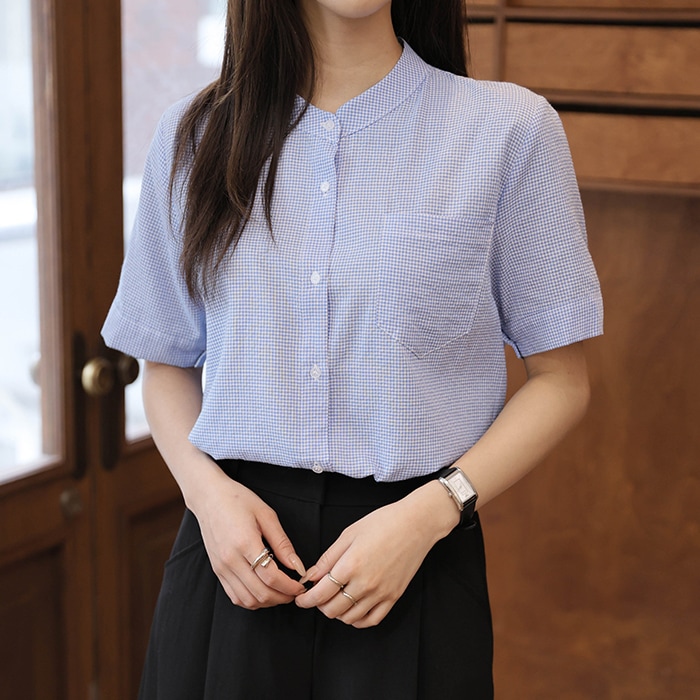 [韓国ファッション] ヘンリーネック ゴバンチェック 半袖 ブラウス