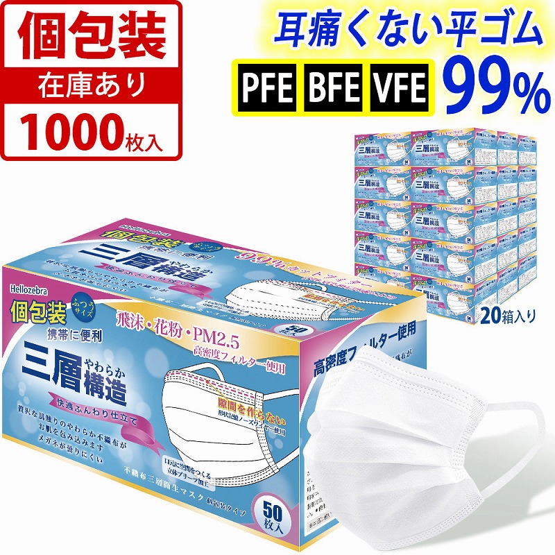 3層抗菌保護超快適不織布マスク!!日本国内発送個包装マスク 1000枚箱入 使い捨てマスク 白 大人用 普通サイズ 三層構造 不織布マスク 飛沫防止 花粉対策 防護マスク