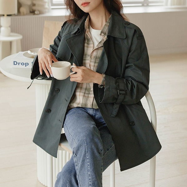 ［韓国ファッション］バックギャザーショートトレンチコート
