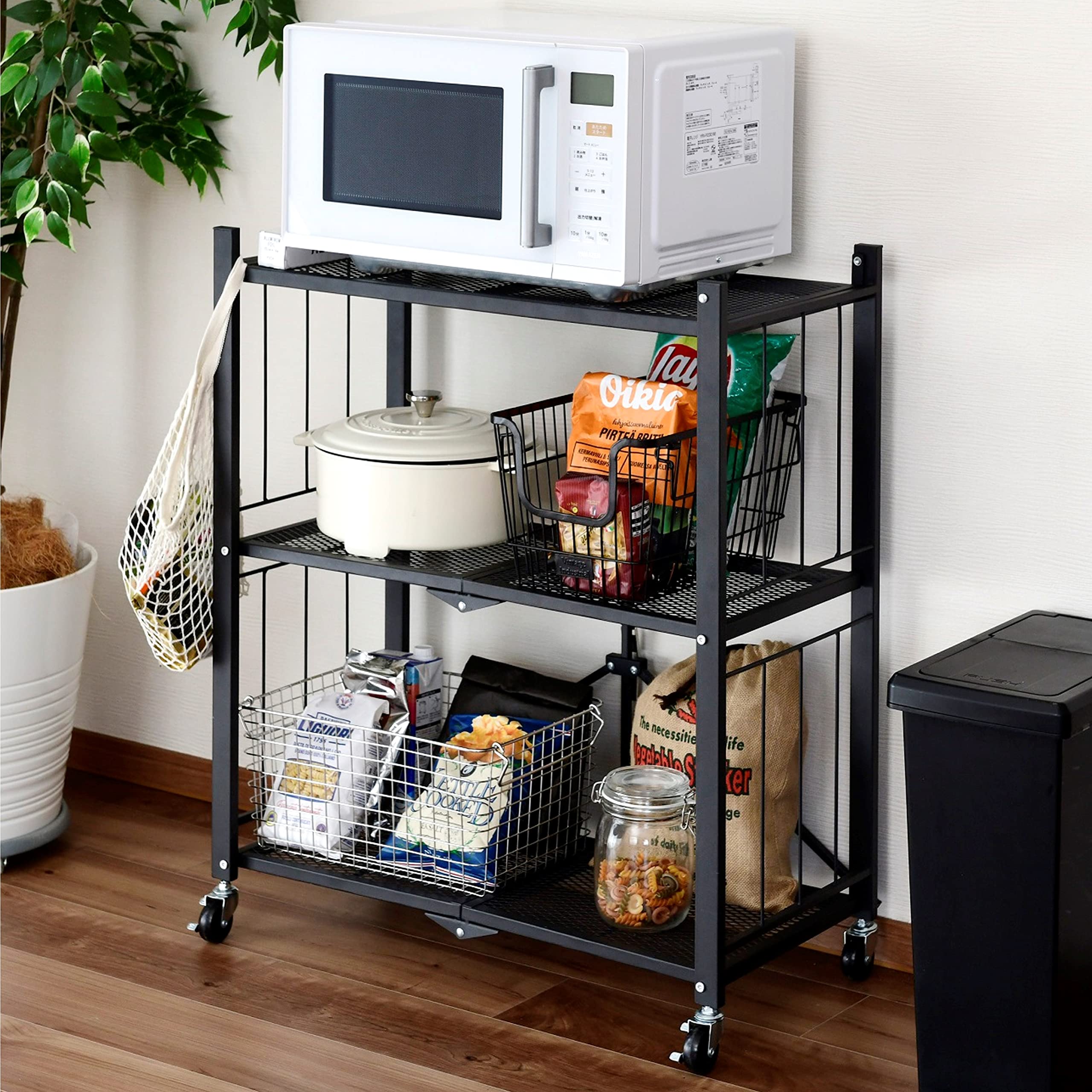 山善(YAMAZEN) ラック (折りたたみ) すぐに使える (本体完成品/キャスターを付けるだけ) 全体耐荷重45 3段 幅71.5×奥行37×高さ86 棚 シェルフ ブラック