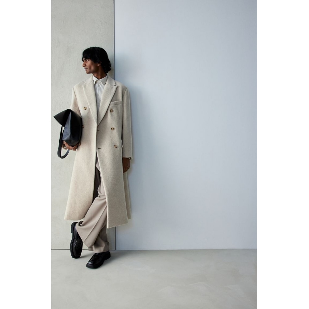 H&M ダブルブレストウール混紡コートベージュ