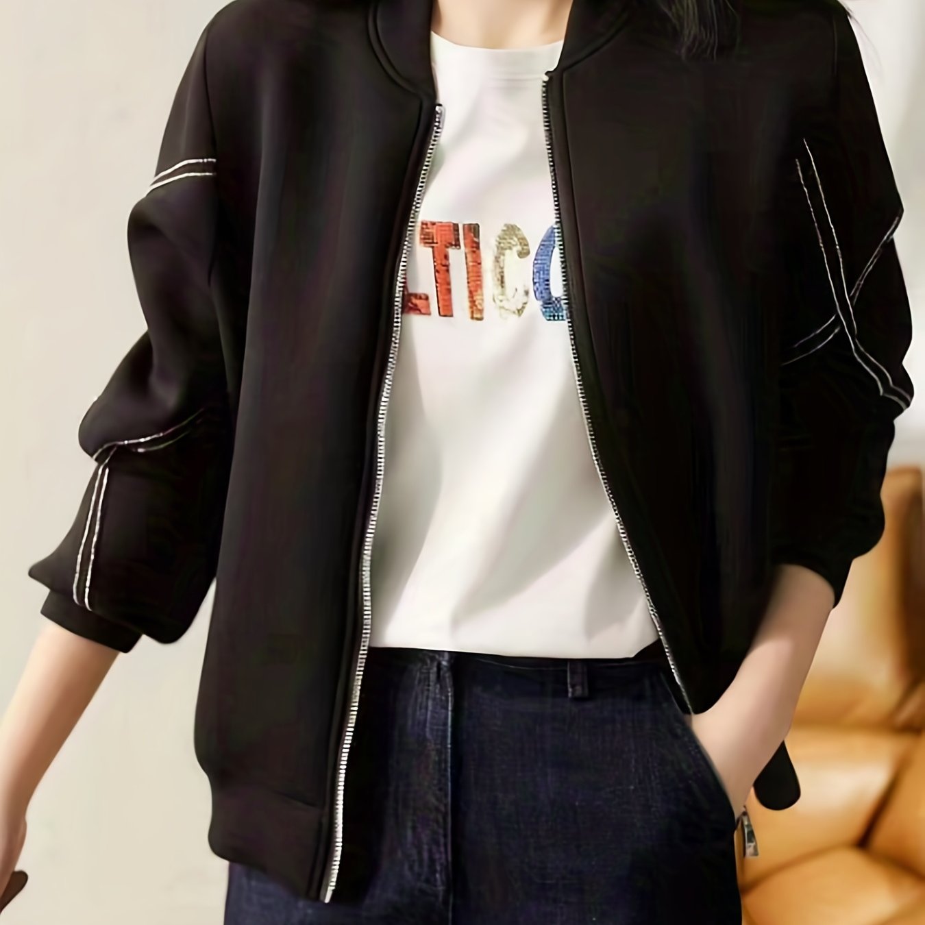 ファスナー付き 長袖 スタイリッシュジャケット 無地 ボマージャケット 春 秋 レディース 服