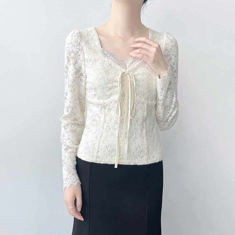 ブラウス フレンチスタイル かぎ針編み レース ブラウス レディース 秋冬 インナー ショート トップス 上品 エレガント 長袖 大人