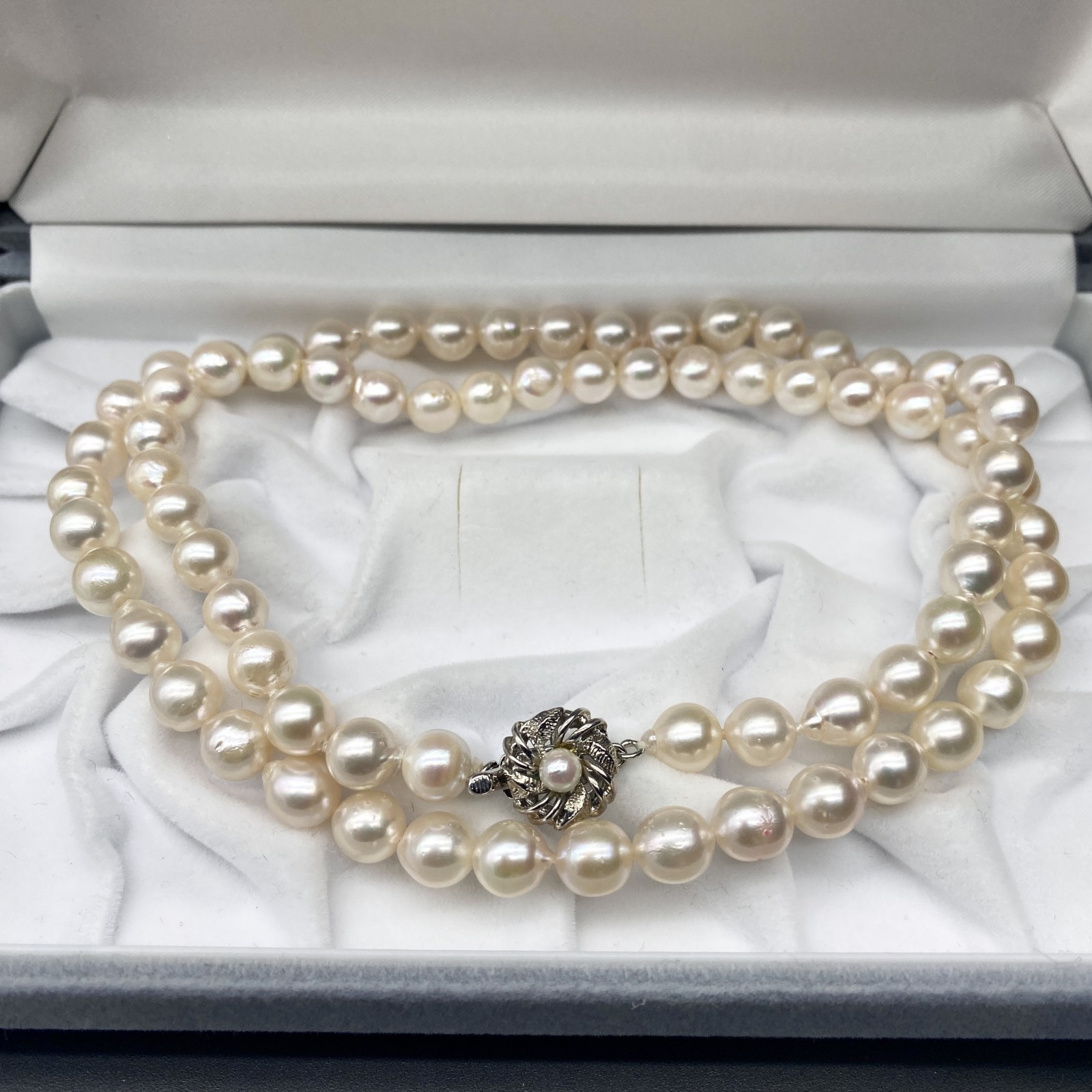 美品 照り強 アコヤ真珠 あこや ネックレス セミロング パール 本真珠 ジュエリー テリ てり ピンク ホワイト 約62cm 7.5mm-8.0mm 51.2g シルバー金具